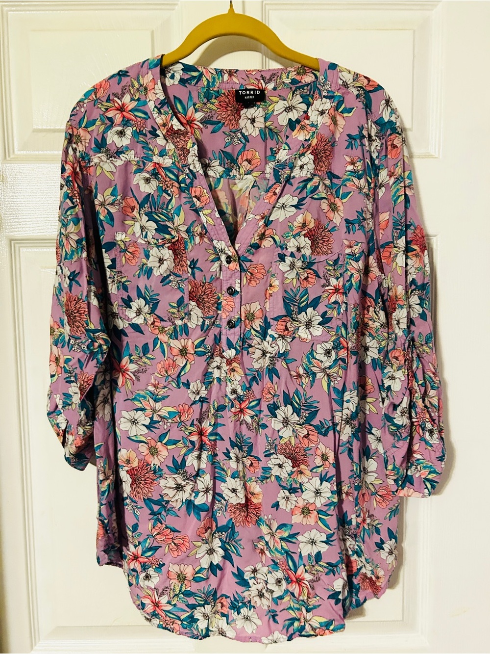 torrid Lavender Floral Henley Blouse with Teal & Coral Accents